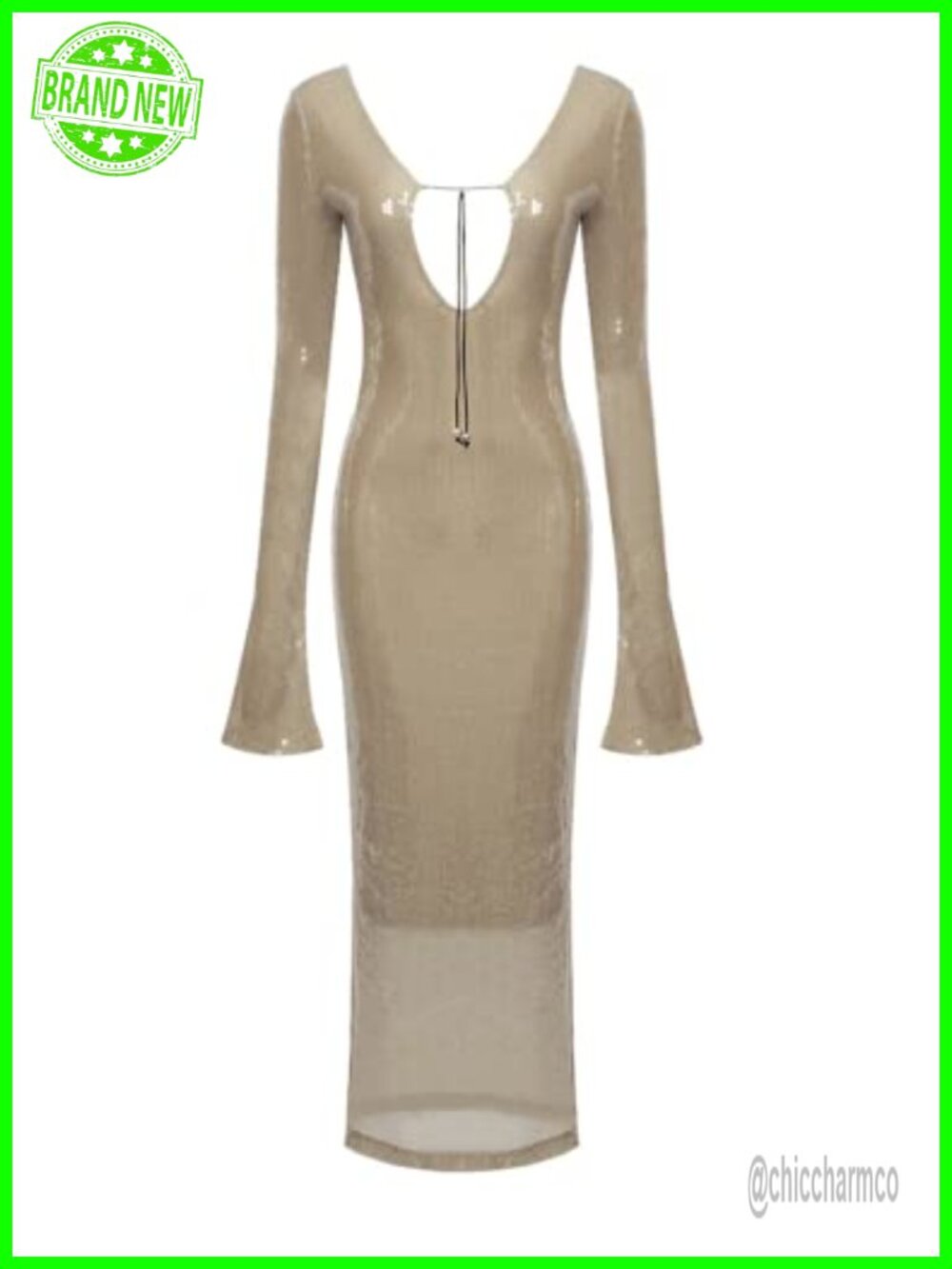 Sequin Deep V Long Sleeve Maxi Dress with Drawstring